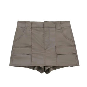 Autumn New Women Faux Leather Casual Shorts Skirts Female High Waist Patch Pocket Loose Street Clothing LUJIA ALAN P5251