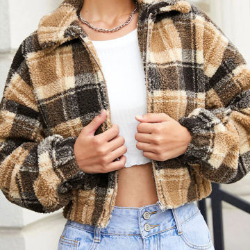 ZAFUL Plaid Drop Shoulder Teddy Jacket Faux Fur Coat Women Outwear