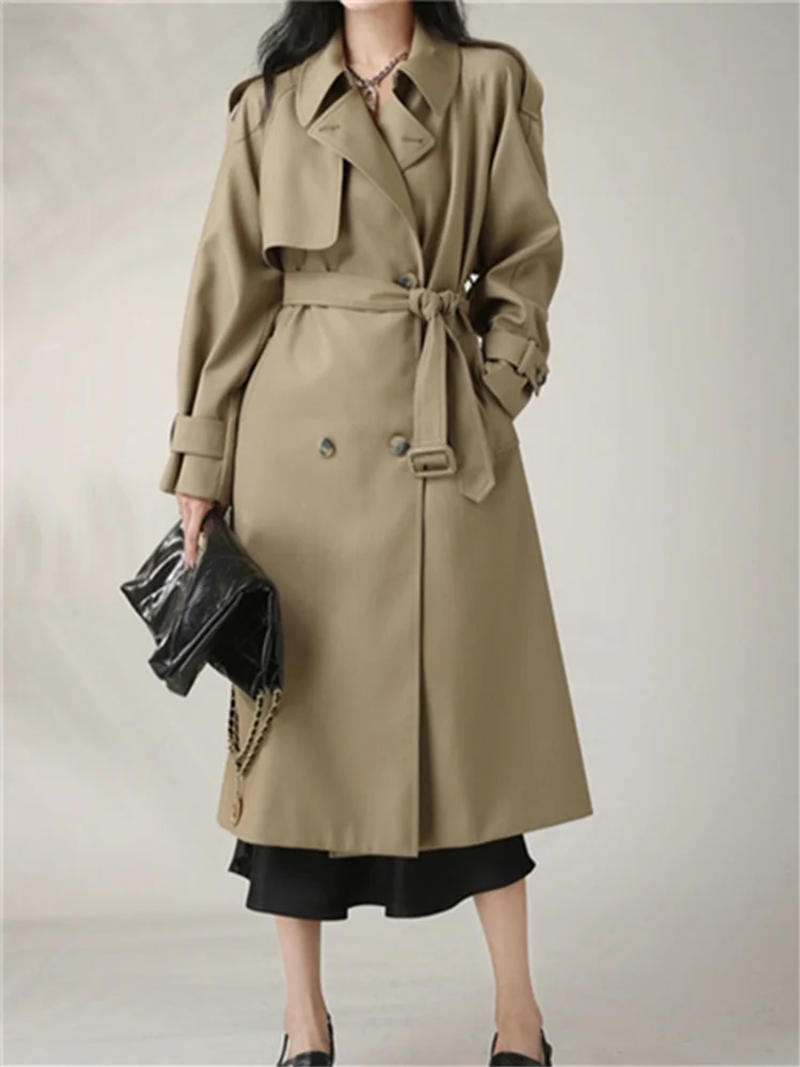 Description Picture 4 of itemBotvotee Solid Long Trench for Women Fall Winter 2023 New Vintage Turn Down Collar Long Sleeve Jacket Loose Double Breasted Coat