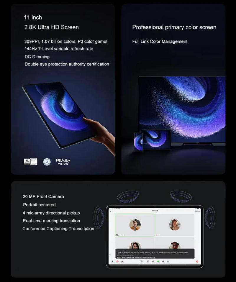 Description Picture 4 of item2023 Xiaomi Pad 6 Pro Tablet 11 Inch 2.8K 144Hz UHD Screen Snapdragon 8+ CPU 8GB 128GB 8600mAh 67W Fast Charger 50MP+20MP Tablet