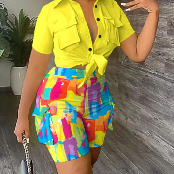 Women's Tops Shirt+Shorts Sets Casual Two-piece Combination 2023 Summer Fashion V-neck Three-Dimensional Pocket Print Suit S-XXX