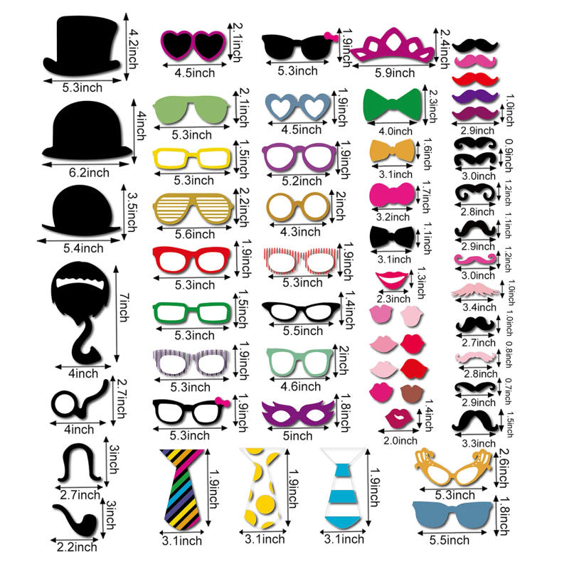 Description Picture 6 of item58Pcs Photo Booth Props Party Favors Selfies Dress-up Acessories Cutout Card Glasses Mustache Red Lips Hats Fun Party Pack for W