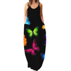 Bufferfly Printed Plus-size Dresses Ladies Sexy Round Neck Vintage Loose Sling Long Dress Sleeveless Pockets Zip Back Dress Robe