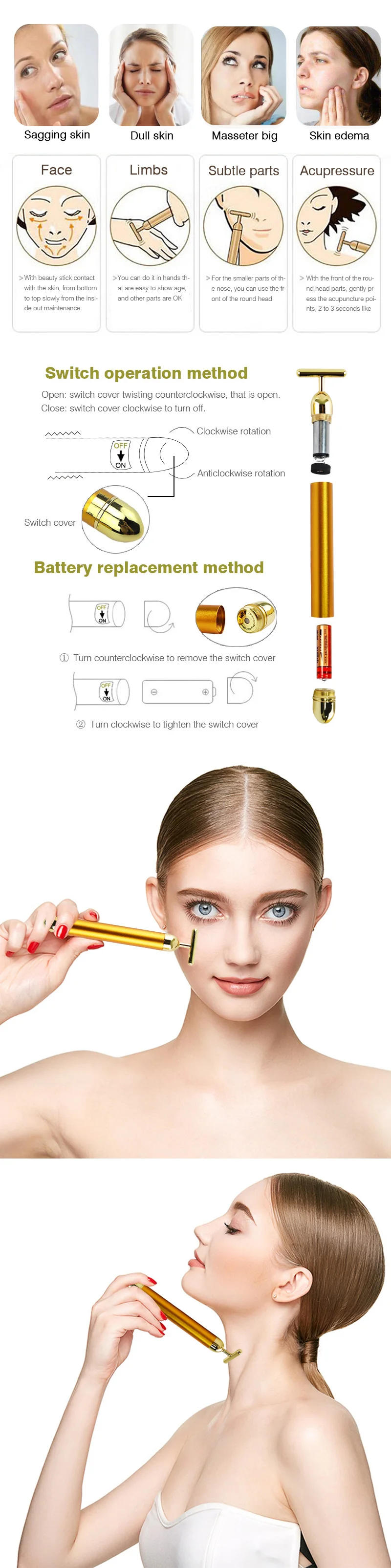 Description Picture 4 of itemSlimming Face care 24k Gold Facial Wrinkle Lift Bar Vibration Beauty Equipment  Facial Roller Massager Vibration Energy Bar
