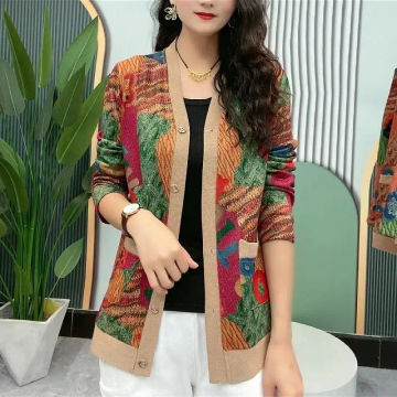 Female Fashion Vintage Printed Single-breasted Cardigan 2023 Autumn and Winter Casual Long Sleeve Knitted Coat Women's Clothing