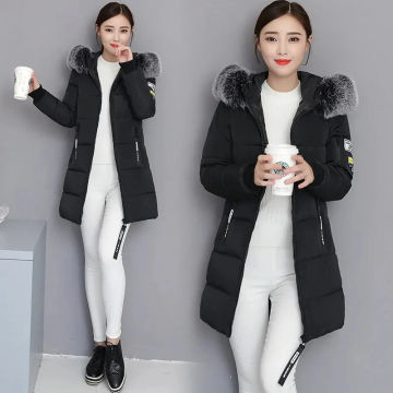 Fashion Fur Collar Hooded Down Cotton Coat Womens Winter Parkas Jacket Long Warm Padded Puffer Parkas Snow Wear Outwear Female