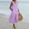 Sleeveless Solid Color Beach Dresses Casual Button V-Neck Mid-Calf Dress Pocket Boho Summer Dress Robe Femmes