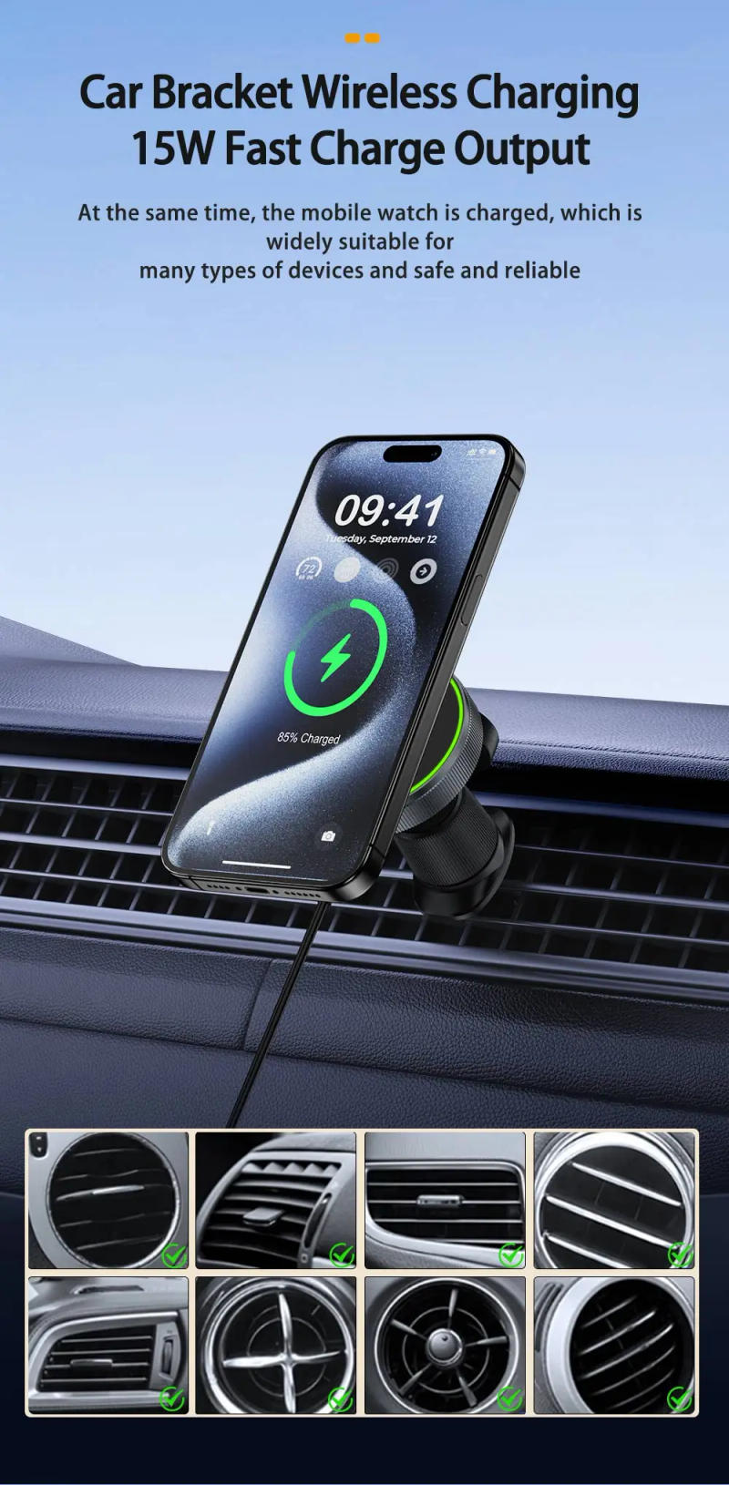 Description Picture 3 of item2 IN 1 Magnetic Wireless Car Charger For iPhone 15 14 13 Pro Max Apple Watch Macsafe Mobile Phone Holder Car Mount Fast Charging