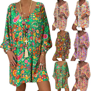 Travel Beach Women Casual Colorful Long Puff Sleeve V Neck Loose Mini Dress