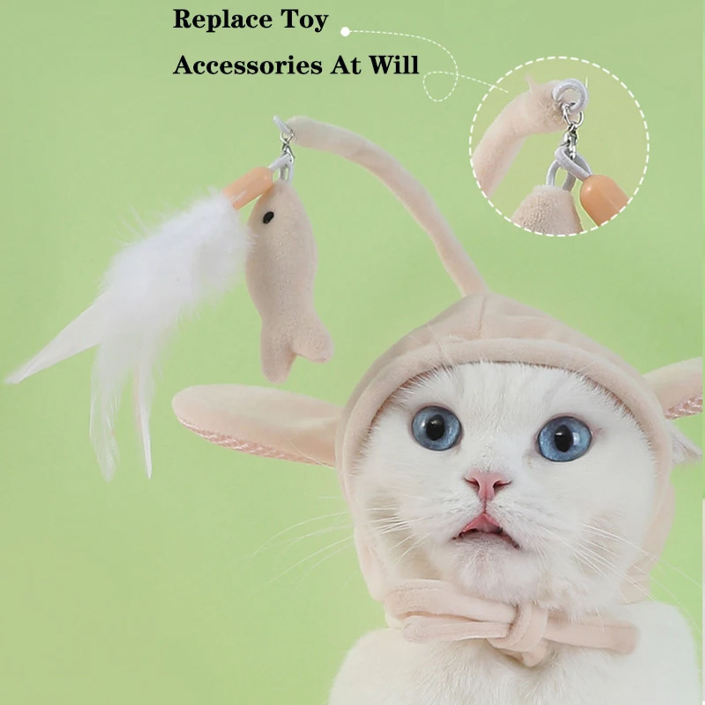 Description Picture 3 of itemPet Tease Cat Stick Wearing Feather Hat Creative Cat Gead Cover Fun Gray Big Eyed Fish Cat Self Hi Toy
