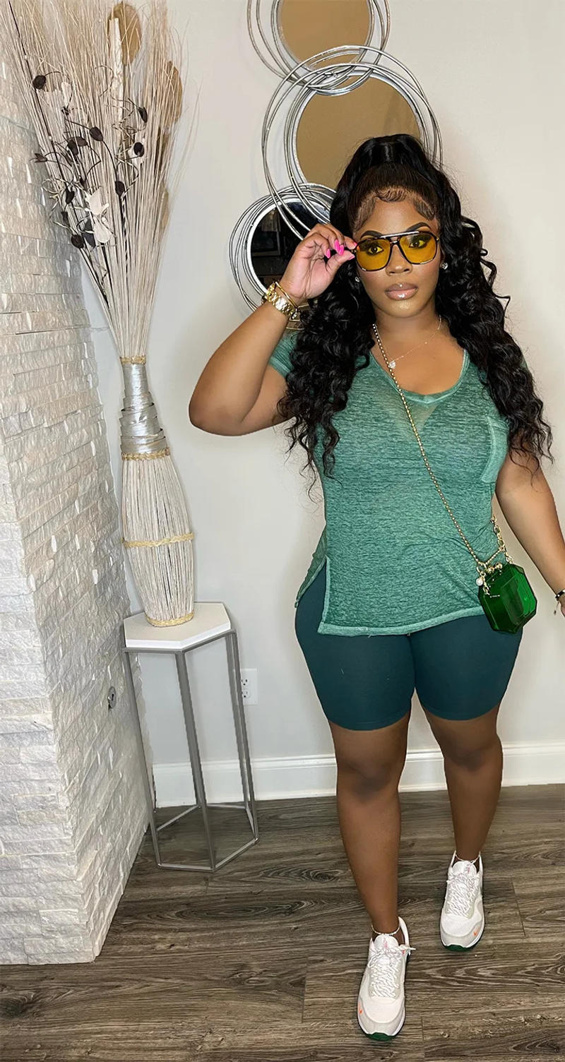 Description Picture 5 of itemHLJ&GG Casual Solid Color Tracksuits Women Round Neck Tshirt + Biker Shorts Two Piece Sets Summer Sporty Home 2pcs Outfits 2023