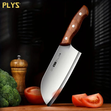 PLYS Premium Chinese Chef's Knife - Wooden Handle, Stainless Steel Blade for Effortless Slicing & Multi-Functional Kitchen Use