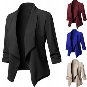 Office Women Solid Color Slim Fit Blazer Lapel Open Front Short Suit Jacket