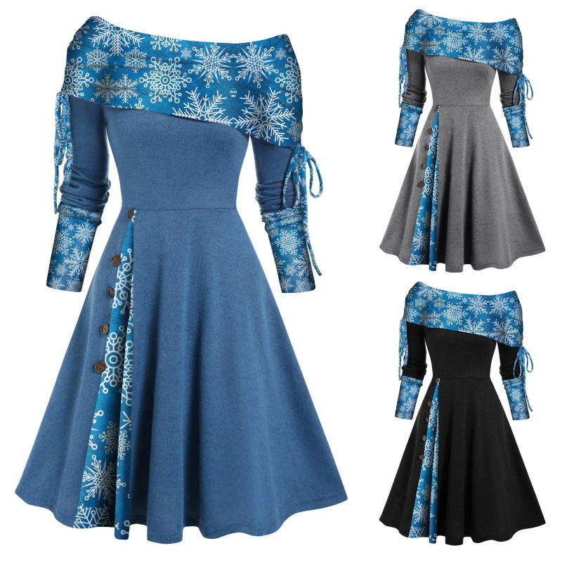 Description Picture 2 of itemElegant Dresses For Women Long Sleeve Off Shoulder Solid Color Christmas Print Patchwork Button Dress One Women'S Evening Dress