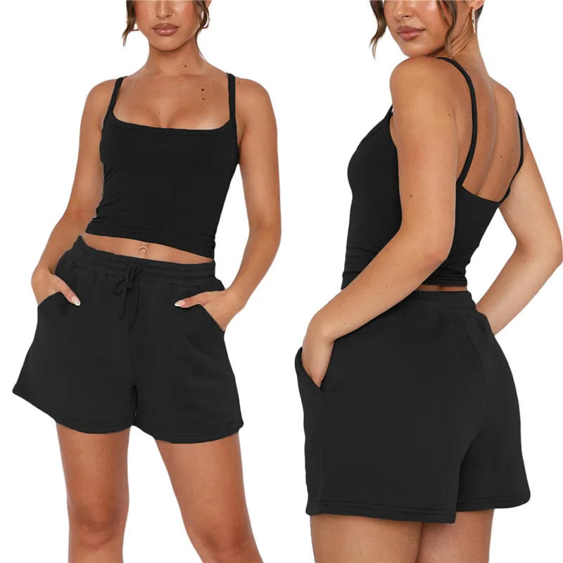 Description Picture 6 of itemWomens 2 Piece Outfits Summer Jogging Shorts Spaghetti Strap Crop Top High Waist Running Shorts Gym Joggers Workout Lounge Sets