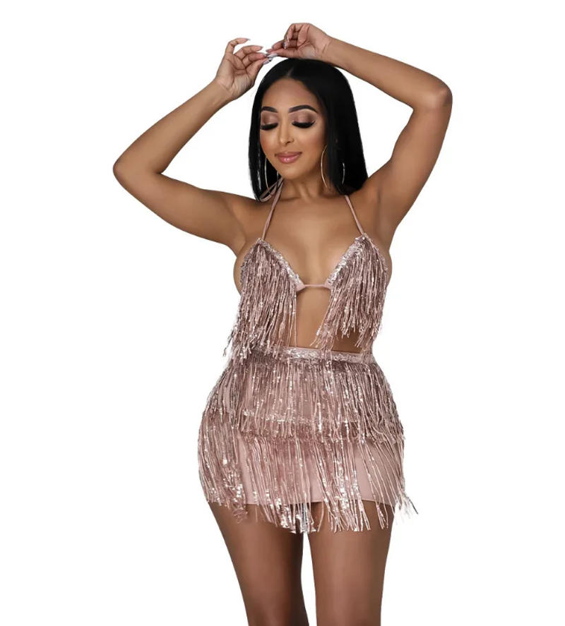 Description Picture 6 of itemTwo Piece Set Women Halter Crop Top Shorts Skirt Sets Matching Outfits Fringe Tassel Sexy Sequin Clothes  Backless Club