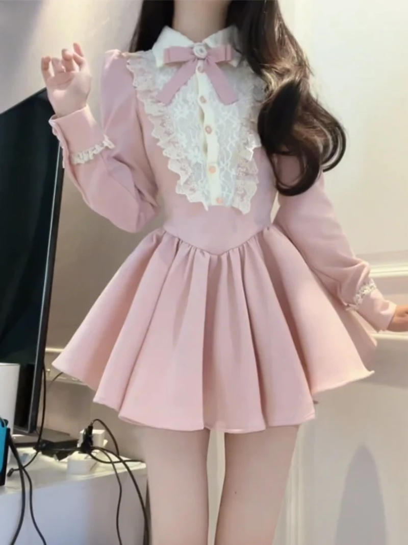 Description Picture 3 of itemFrench retro pure lust sweet pink dress women autumn Japanese large size fashionable lady style waist-cinching puffy skirt chic