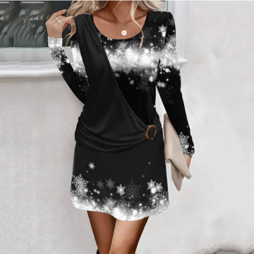 Autumn New 2023 Dress Fake Two Pieces Christmas Snowflake Print Party Dresses For Women Fashion O-Neck Long Sleeve Mini Dress