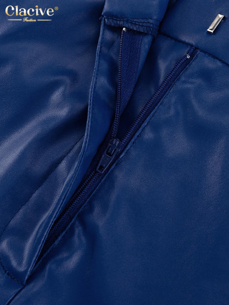 Description Picture 5 of itemClacive Fashion Blue Pu Leather Women'S Pants Elegant Slim High Waist Straight Trousers Streetwear Pantalones Female Clothing