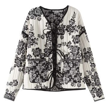 TRAFZA Women's Flower Print Coat Quilted Reversible Long Sleeve Open Front Two In One Jackets Autumn Vintage Streetwear