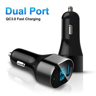 Mini Portable LED Display Type-c USB Dual Ports QC3.0 Car Quick Charger Adapter