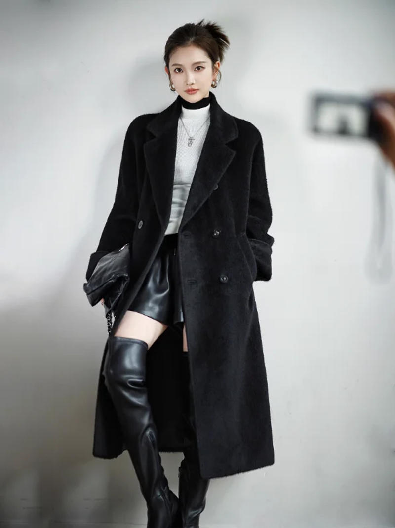 Description Picture 4 of itemCotvotee Alpaca Wool Coat Women Autumn Winter 2023 Vintage New Double Breasted New Jacket Casual Turn Down Collar Long Coats