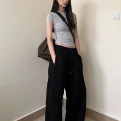 HOUZHOU Black Wide Leg Sweatpants Women Oversized Vintage Korean Style Trouser Baggy Casual Sports Pants Basic Female Streetwear