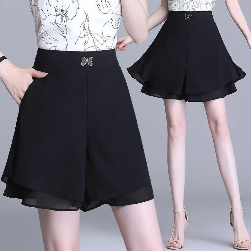 Description Picture 3 of item2023 Summer Chiffon Shorts for Women Double Layer High Waist Wide Leg  Casual Loose Skirt  Korean Ladies Black E106