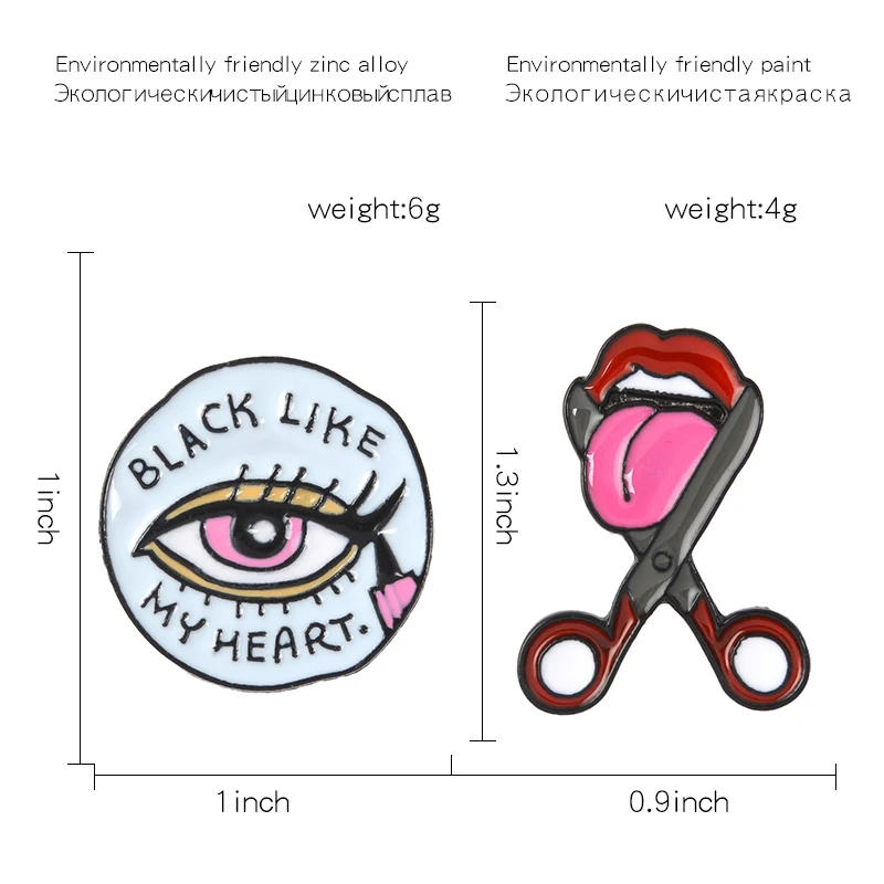 Description Picture 3 of itemScissor Sister Black Like My Heart Pins Eye and Mouth Brooches Eyeline Red Lips Scissors Jewelry Punk Pins Badges