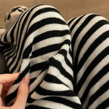 Y2k Korean Loose Elastic High Waist Streetwear Harajuku Knitted Pants Baggy Striped Print Vintage Gothic Straight Knit Trousers