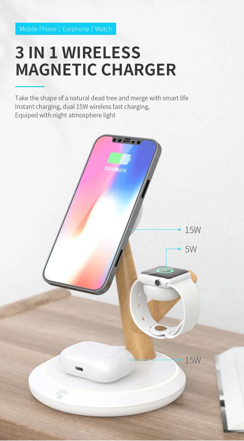 Description Picture 2 of item3 in 1 Magnetic Wireless Charger Tree Shape Stand For iPhone 13 12 Pro Max 15W Fast Charging Station For Apple Watch For AirPods