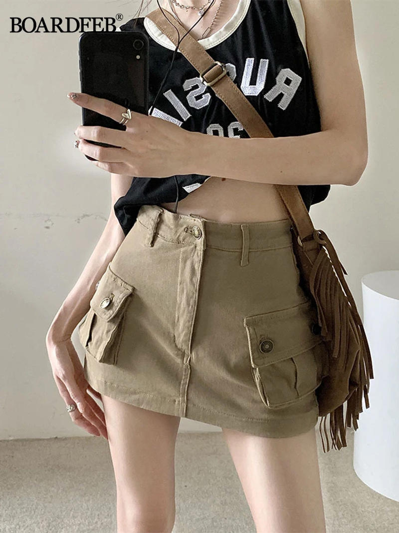 Description Picture 5 of itemWomen Demin Shorts Ladies Summer High Waist Y2K Vintage Streetwear Slim Fit Mini Skirts Female A-Line Big Pocket Cargo Skirt