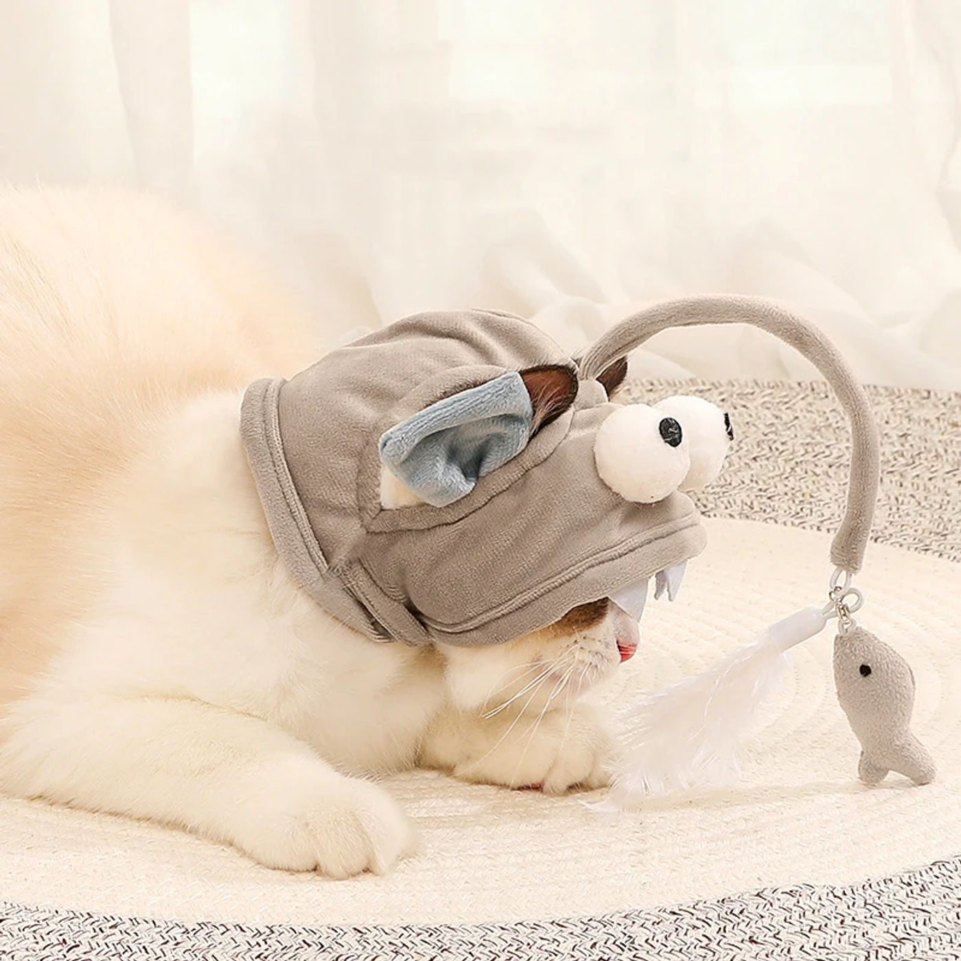 Description Picture 4 of itemPet Tease Cat Stick Wearing Feather Hat Creative Cat Gead Cover Fun Gray Big Eyed Fish Cat Self Hi Toy