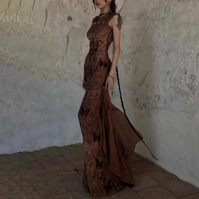 Description Picture 3 of itemBUILDINGB Melade Vintage Round Neck Sleeveless Skeleton Metal Button Slim Long Women'S Elegant Career Prom Comfortable Streetwea