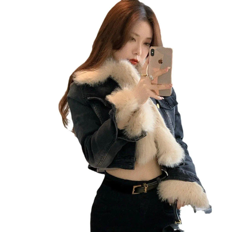 Description Picture 6 of itemDesign Sense Niche Patchwork Fur Collar Jacket Denim Short Coat Women Autumn Winter 2023 New Outerwear Casual Versatile Street