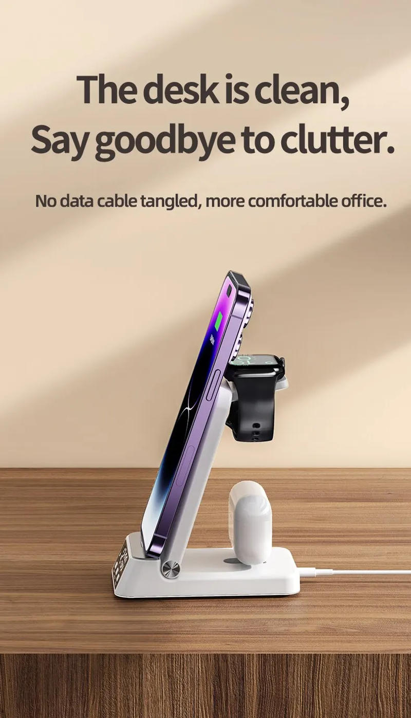 Description Picture 3 of item4 In 1 Wireless Charger Stand Pad Alarm Clock Foldable Fast Charging Station Dock for iPhone 14 13 12 11 Apple Watch Airpods Pro