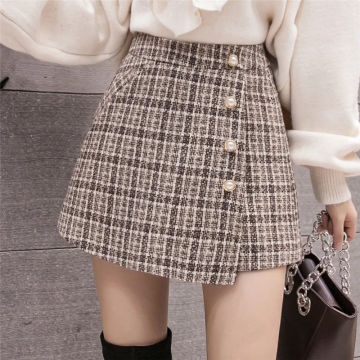 New Fashion Tweed Plaid Shorts Skirts Womens Autumn Winter Single Breasted High Waist Woolen Shorts Woman Casual Culottes