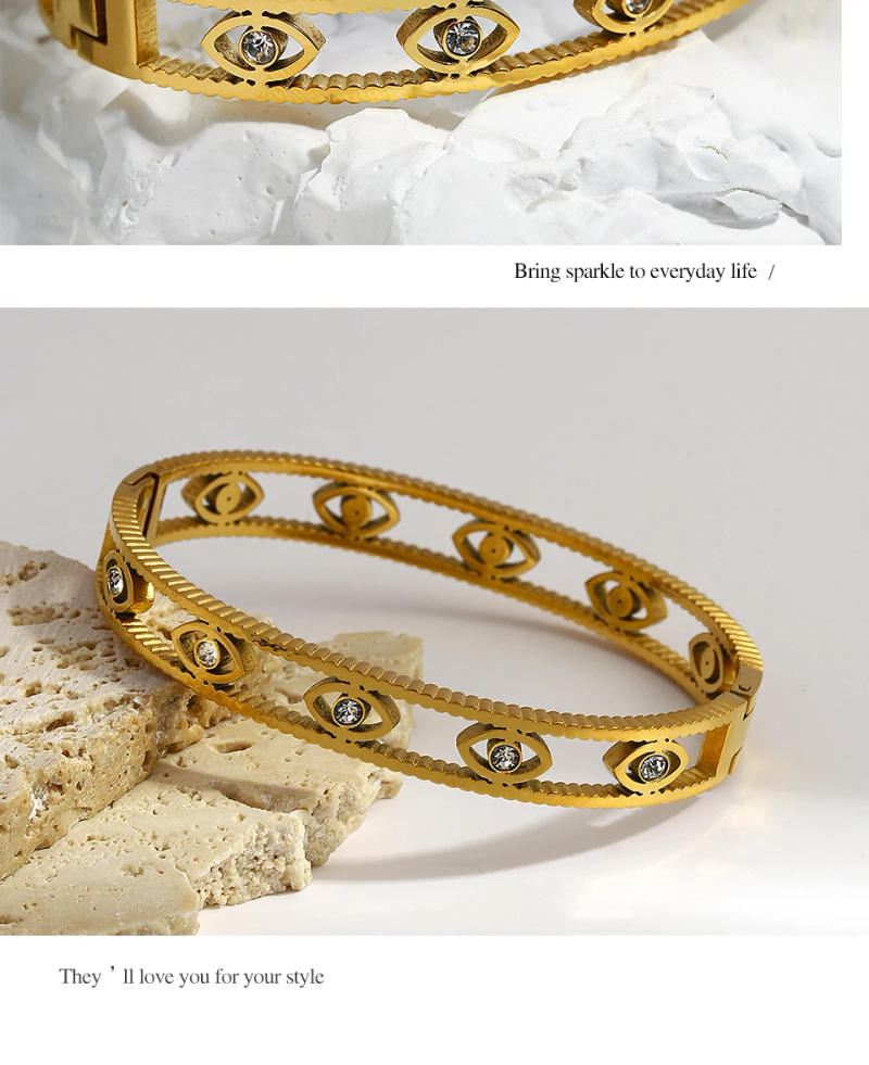 Description Picture 6 of itemAENSOA Boho Hollow Evil Eye Stainless Steel Gold Color Bangles Bracelets for Women Retro Bohemia Punk Bracelet Wrist Jewelry
