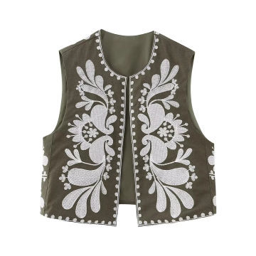 TRAFZA Embroidery Vest For Women Y2k Vintage Casual Sleeveless Cardigan Waistcoat Top Fashion Woman Floral Embroidered Vest