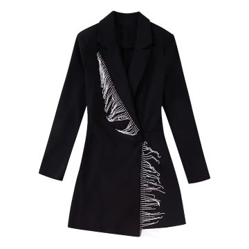 Zevity Women Chic Notched Collar Diamond Tassel Design Suit Style Black Playsuits Ladies Kimono Conjion Shorts Rompers DS3124