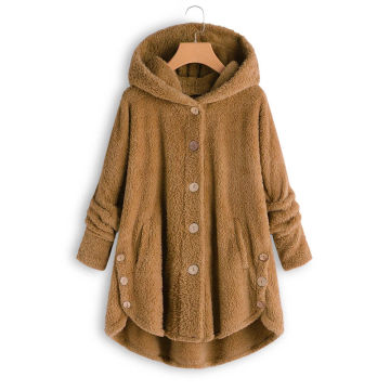 Winter New Solid Color Warm Hooded Coat Women Casual Loose Long Sleeve Pockets Single Breasted Plush Hooded Irregular Overcoat