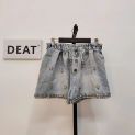 DEAT Women Denim Shorts Diamond Studded Beads Pull Rope High Waist Slim Wide Leg Pants Solid Color 2023 Summer New Fashion 29L44