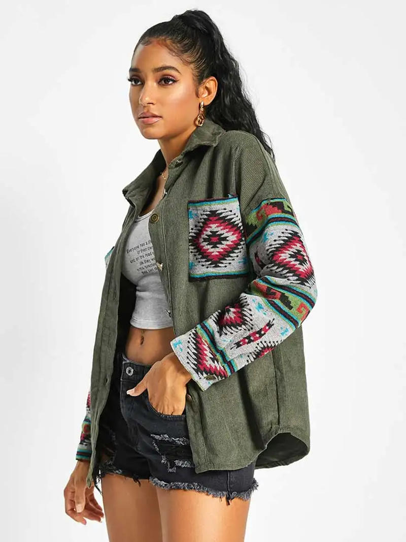 Description Picture 4 of itemZAFUL Jacket for Women Corduroy Long Sleeves Shacket Ethnic Aztec Print Shirt Jackets Fall Winter Streetwear Outerwear NEW