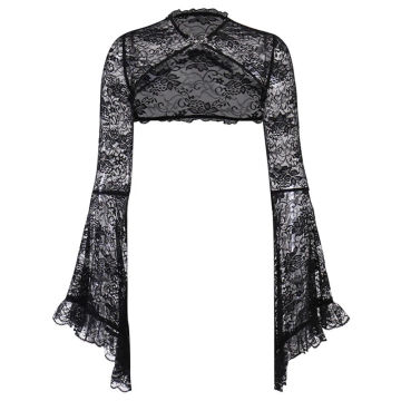 2023 New Women's Hollow out Crop Tops Gothic Half Shirt Stylish Flare Sleeves Lace Smock Tops Punk Cover Up with Cheongsam