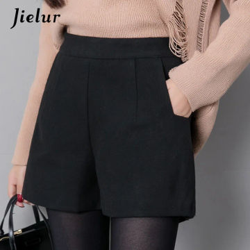 Jielur Autumn Korean Fashion Black Shorts for Women Winter Classic Basic Casual Wide Leg Short Femme Loose Zipper Woolen Shorts