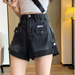 Women's Cycling Shorts Retro Pull-edge Denim Korean Version Summer Fashion High Waist Slimming Design Wide-leg A-line Pants Ins