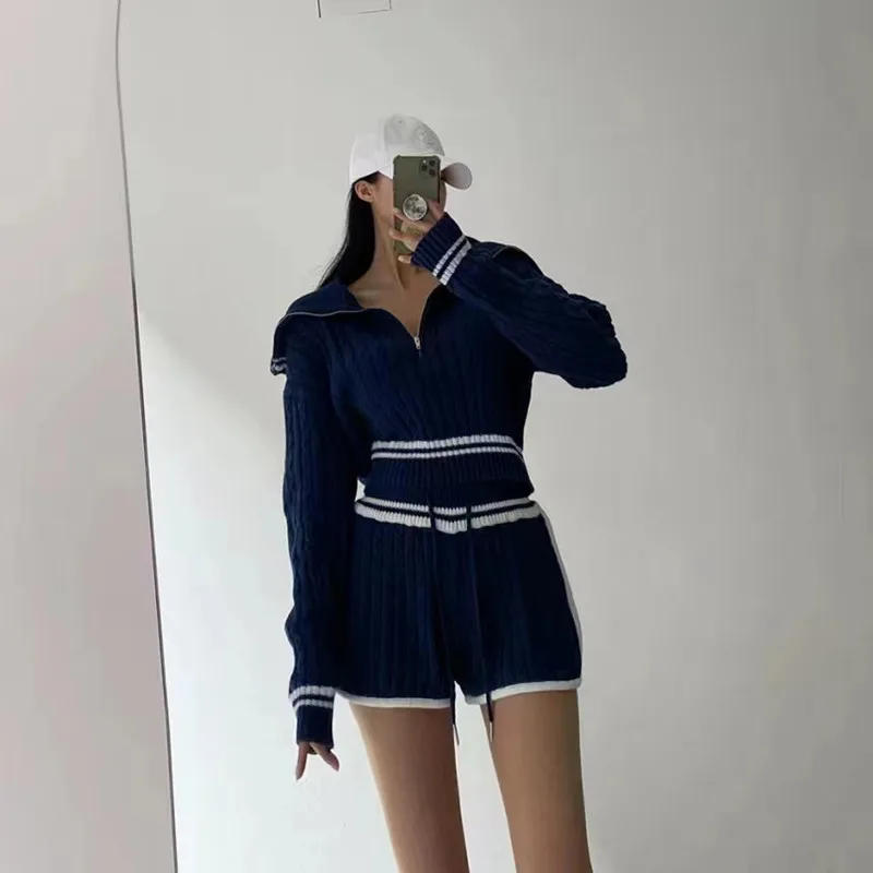 Description Picture 5 of item2023 Autumn Crop Top+Short Pants 2 Piece Sets Women Outfits Korean Knitted Stripe Zipper Two Piece Suits Female Fashion Clothes