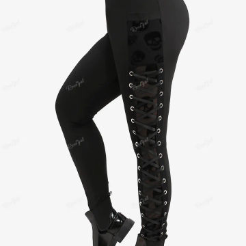 ROSEGAL Plus Size Skull Grommets Lace Up Leggings Women All Season Streetwear Casual Pencil Pants Black Skinny Trousers Mujer