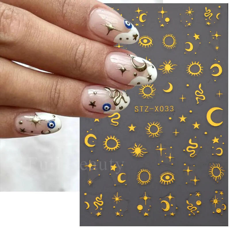 Description Picture 3 of itemGold Bronzing Stickers for Nails Eyes Snake Sun Stars Moon Nail Design Silver Angel Wings Love Adhesive Slider Decoration