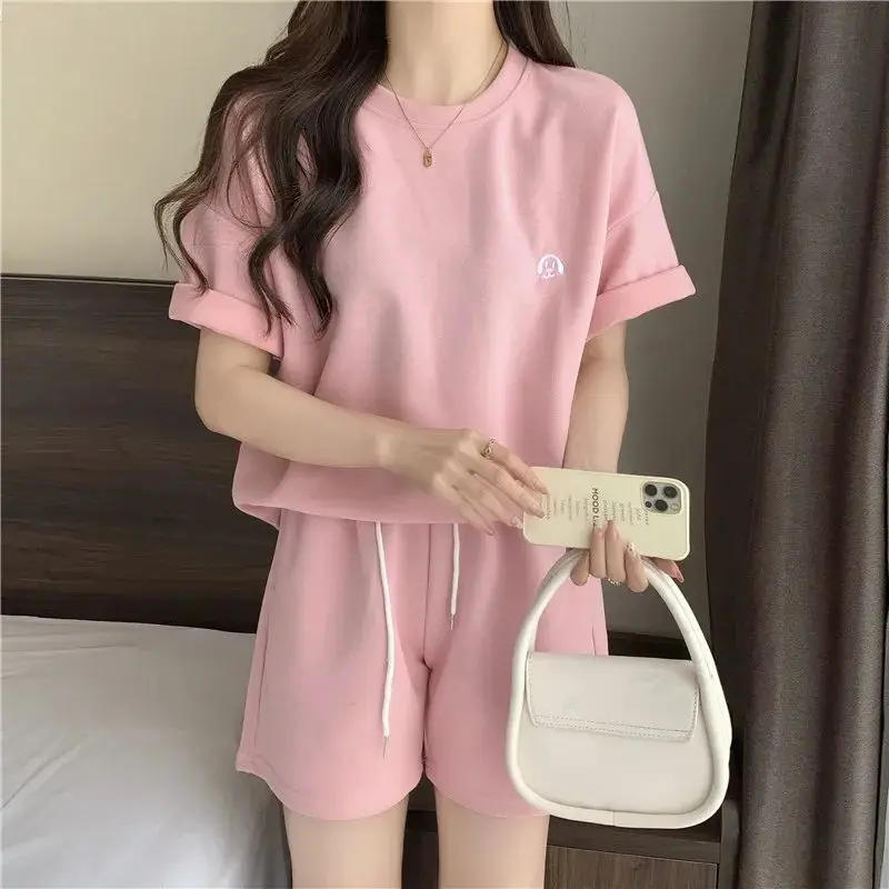 Description Picture 6 of itemWomen Tracksuit Summer Solid T-Shirt Shorts Matching Outfit Casual 2 Piece Sets Loose High Waist Short Pants O-Neck Simple Suit